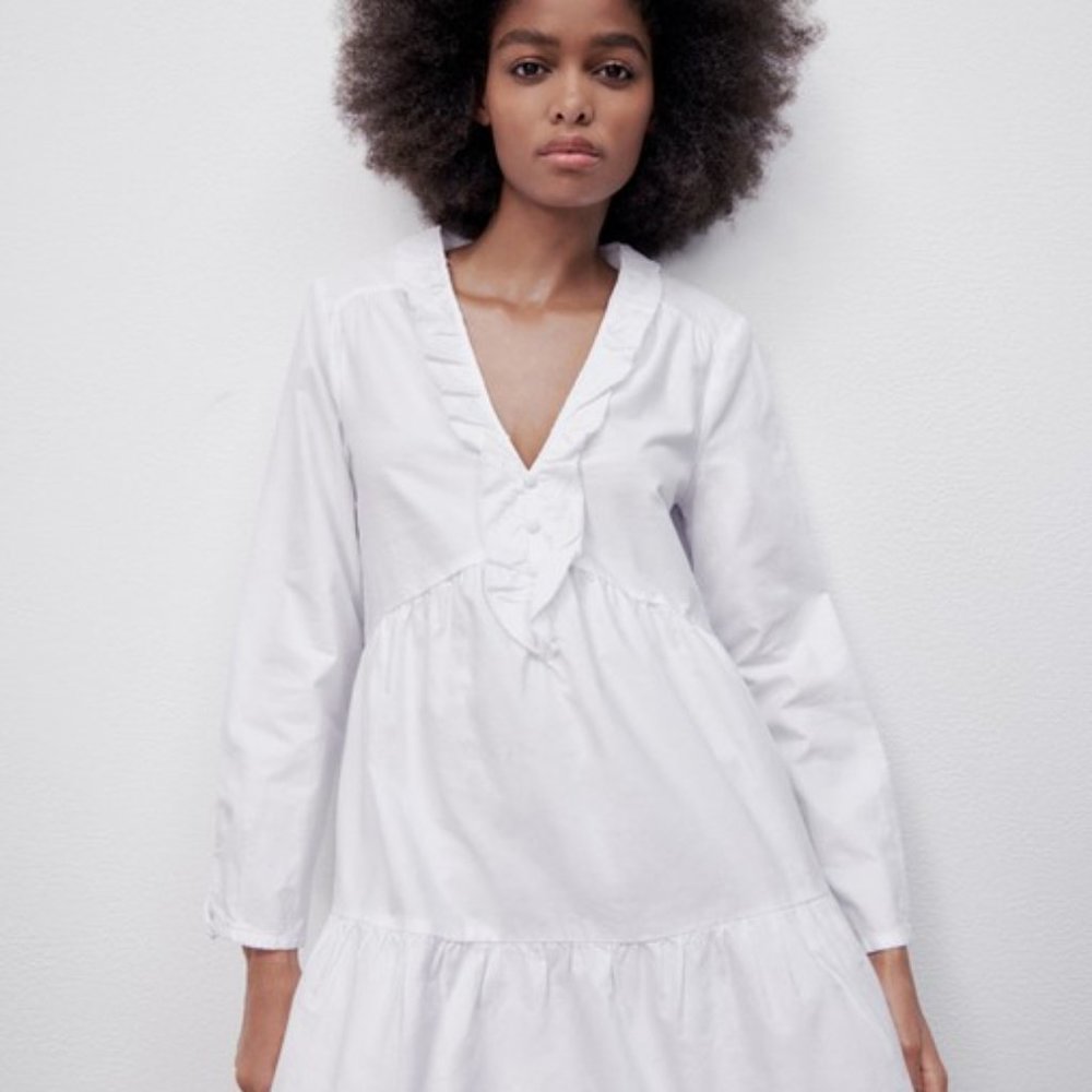 Zara Tiered Oxford Dress, Size M, NWT